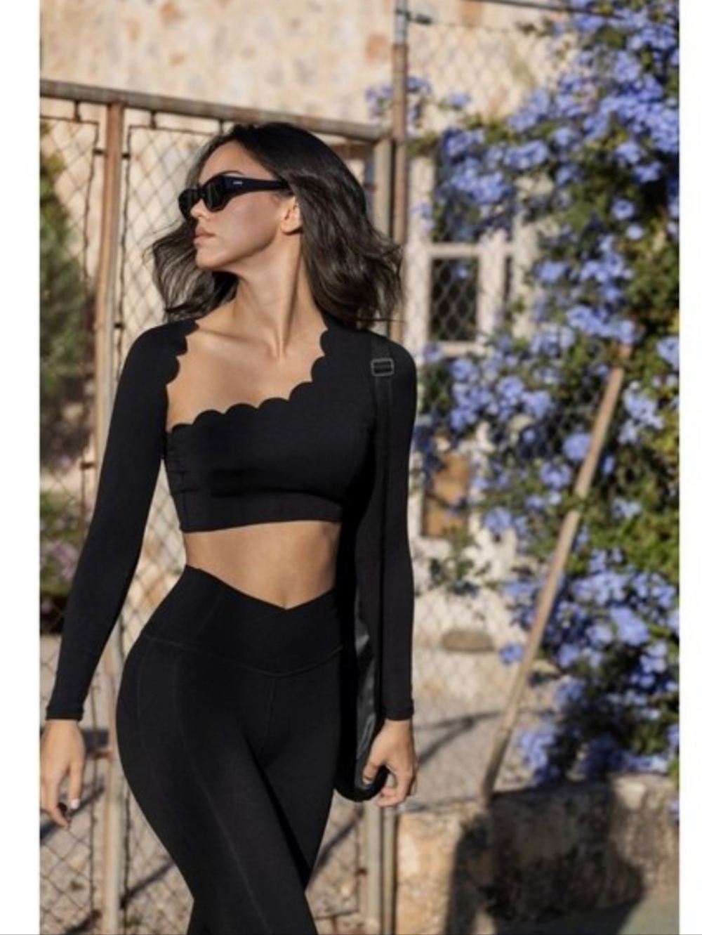 Black Asymmetric Scallop-Edge Crop Top - Size Small